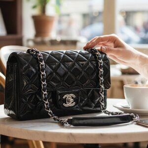 Chanel Black Quilted Patent Leather Chain Link Medium Double Designer Handbag